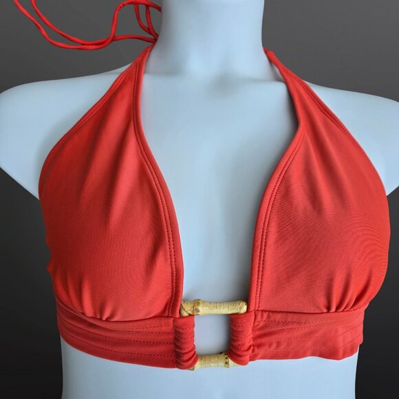 Vintage 90s Y2K Boyshorts Halter Bikini Size 12 Orange Belted Bamboo Buckle - Picture 4 of 10